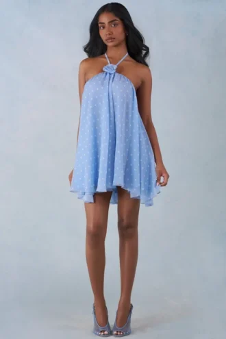 Robe babydoll à dos nu Evania à imprimé pois bleus