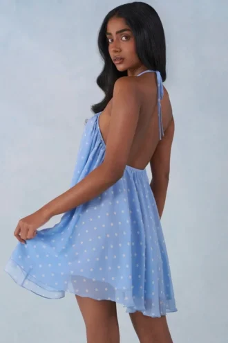 Robe babydoll à dos nu Evania à imprimé pois bleus