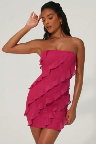 Robe bandeau Tatiana à volants, couleur fuchsia