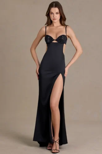 Robe bralette Fleurine en satin orné, couleur noire