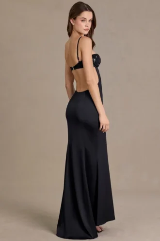 Robe bralette Fleurine en satin orné, couleur noire