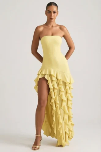 Robe bustier Diletta à volants, jaune pastel