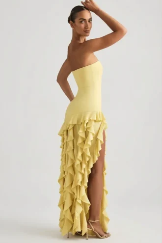 Robe bustier Diletta à volants, jaune pastel