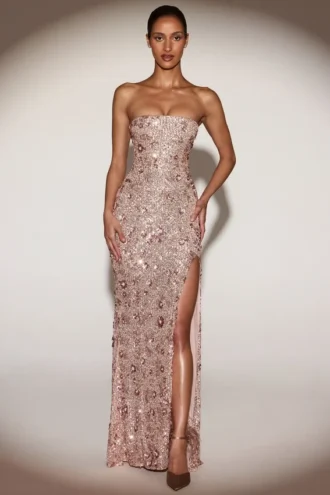 Robe bustier à encolure bandeau ornée Solenna, couleur or rose