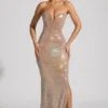 Robe bustier plongeante ornée Lucile, couleur amande Robe bustier plongeante ornée Lucile, couleur amande