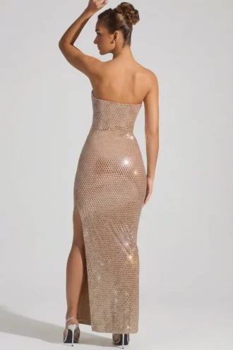 Robe bustier plongeante ornée Lucile, couleur amande