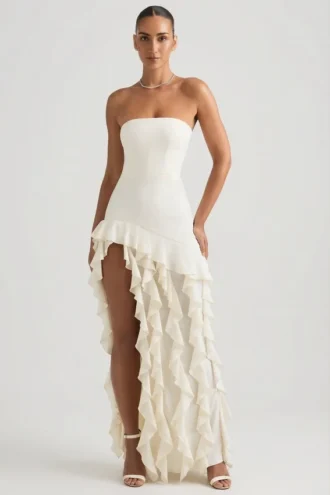 Robe bustier à volants Diletta, couleur ivoire