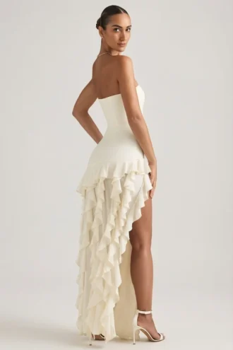 Robe bustier à volants Diletta, couleur ivoire