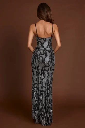 Robe à col bénitier Velia ornée d&rsquo;un motif serpent argenté