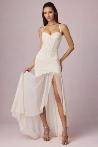 Robe corset asymétrique froncée Haruna, couleur ivoire