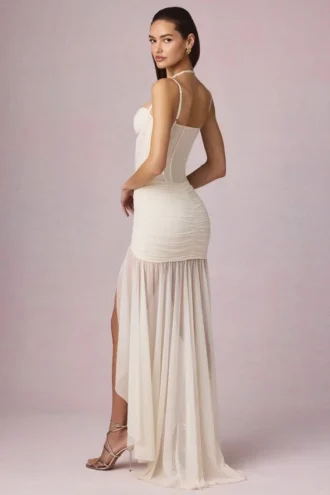 Robe corset asymétrique froncée Haruna, couleur ivoire