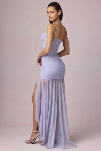 Robe corset asymétrique froncée Haruna, couleur lilas
