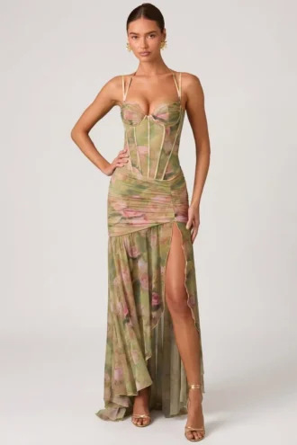 Robe corset asymétrique froncée Haruna à imprimé floral multicolore