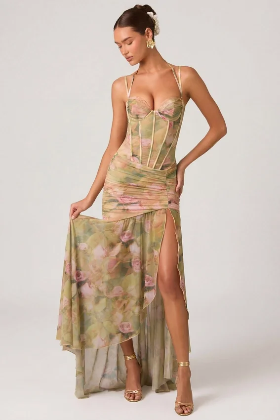 Robe corset asymétrique froncée Haruna à imprimé floral multicolore Robe corset asymétrique froncée Haruna à imprimé floral multicolore