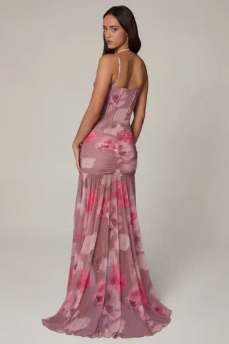 Robe corset asymétrique froncée Haruna, motif floral estompé