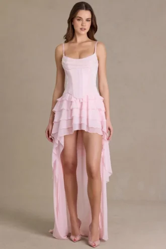 Robe corset à col bénitier ornée Arlette Premium en rose pâle