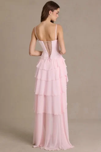 Robe corset à col bénitier ornée Arlette Premium en rose pâle