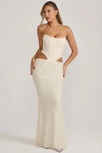 Robe corset drapée à découpes ornées Saphira en blanc