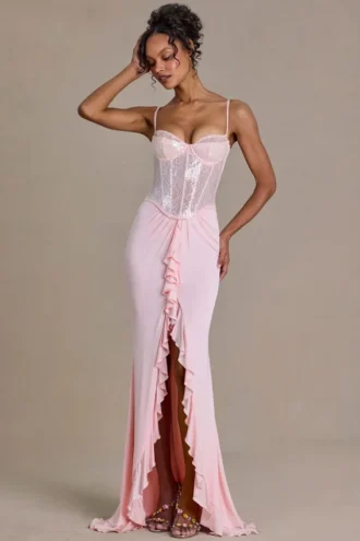 Robe corset en dentelle ornée Beatrix Premium, couleur rose pâle