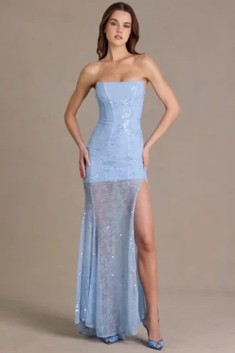 Robe corset en dentelle ornée haut de gamme Liliane, bleu ciel