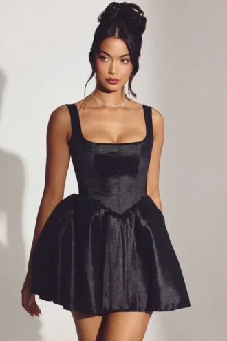 Robe corset en taffetas tissé Sueno, noir jais