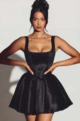 Robe corset en taffetas tissé Sueno, noir jais