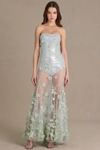 Robe corset en tulle ornée Estella, vert sauge