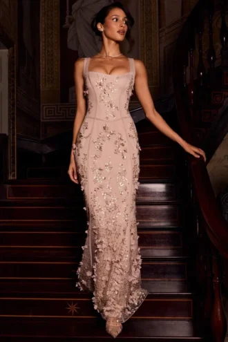 Robe corset à encolure dégagée et appliqués décoratifs Vasanta, couleur or
