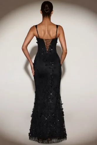 Robe corset à encolure dégagée et appliqués décoratifs Vasanta, en noir