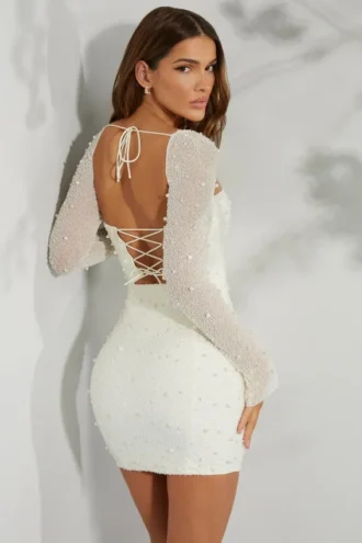 Robe corset à manches longues Milan, ivoire