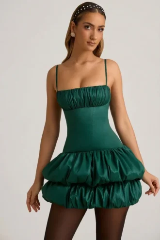 Robe corset à ourlet bouffant en satin Clarice, vert émeraude