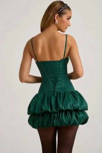 Robe corset à ourlet bouffant en satin Clarice, vert émeraude
