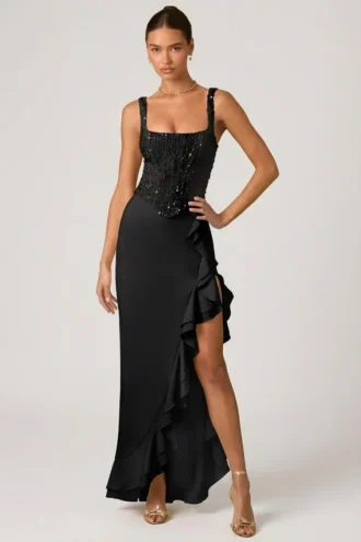 Robe corset à volants et ornements Robina, en noir