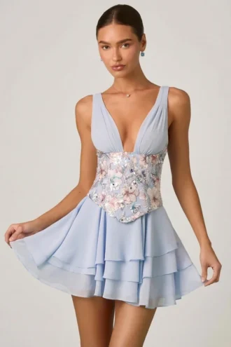 Robe corset à volants et ornements Sakura, bleu à fleurs
