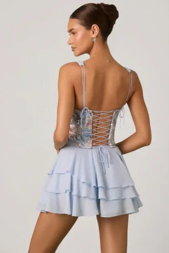 Robe corset à volants et ornements Sakura, bleu à fleurs