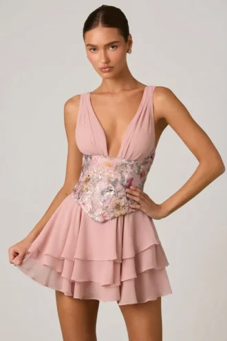 Robe corset à volants et ornements Sakura, rose à fleurs