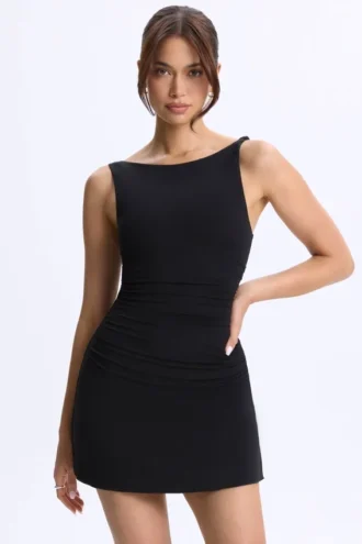 Robe courte A-line froncée Ione en modal, couleur noire
