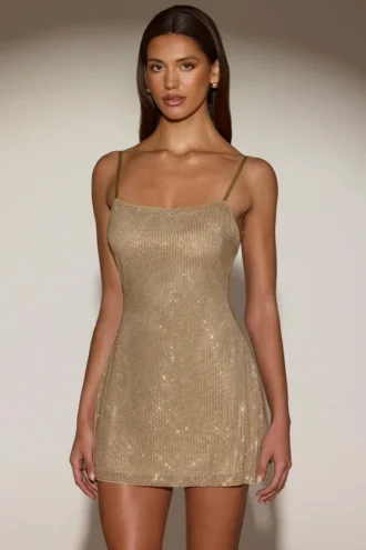 Robe courte ajustée à encolure dégagée et dos nu ornée Philomena, couleur or