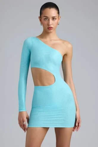 Robe courte asymétrique à découpes métalliques Zanab, bleu glacier