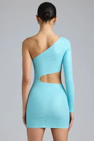 Robe courte asymétrique à découpes métalliques Zanab, bleu glacier