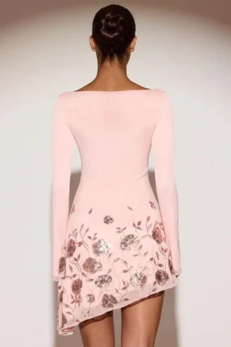 Robe courte asymétrique Lumiki à appliqués décorés, couleur rose