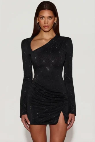 Robe courte asymétrique ornée Nevina en noir