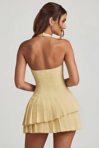 Robe courte asymétrique à volants et dos nu Rosaria, jaune pastel