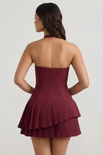 Robe courte asymétrique à volants et dos nu Rosaria, rouge vin