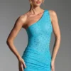 Robe courte asymétrique Zahira ornée, bleu aqua Robe courte asymétrique Zahira ornée, bleu aqua