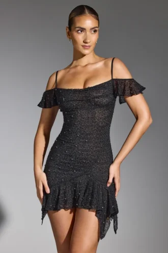 Robe courte Beaufort à épaules dénudées et ornements, couleur noire