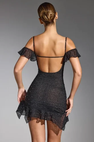 Robe courte Beaufort à épaules dénudées et ornements, couleur noire