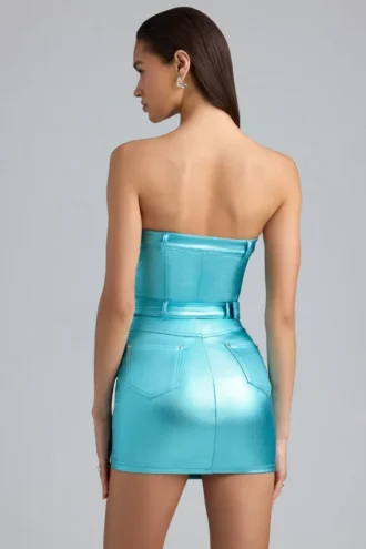 Robe courte bustier à ceinture en denim métallisé Simone, couleur Aqua