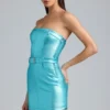 Robe courte bustier à ceinture en denim métallisé Simone, couleur Aqua Robe courte bustier à ceinture en denim métallisé Simone, couleur Aqua