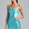 Robe courte bustier à ceinture en denim métallisé Simone, couleur Aqua Robe courte bustier à ceinture en denim métallisé Simone, couleur Aqua